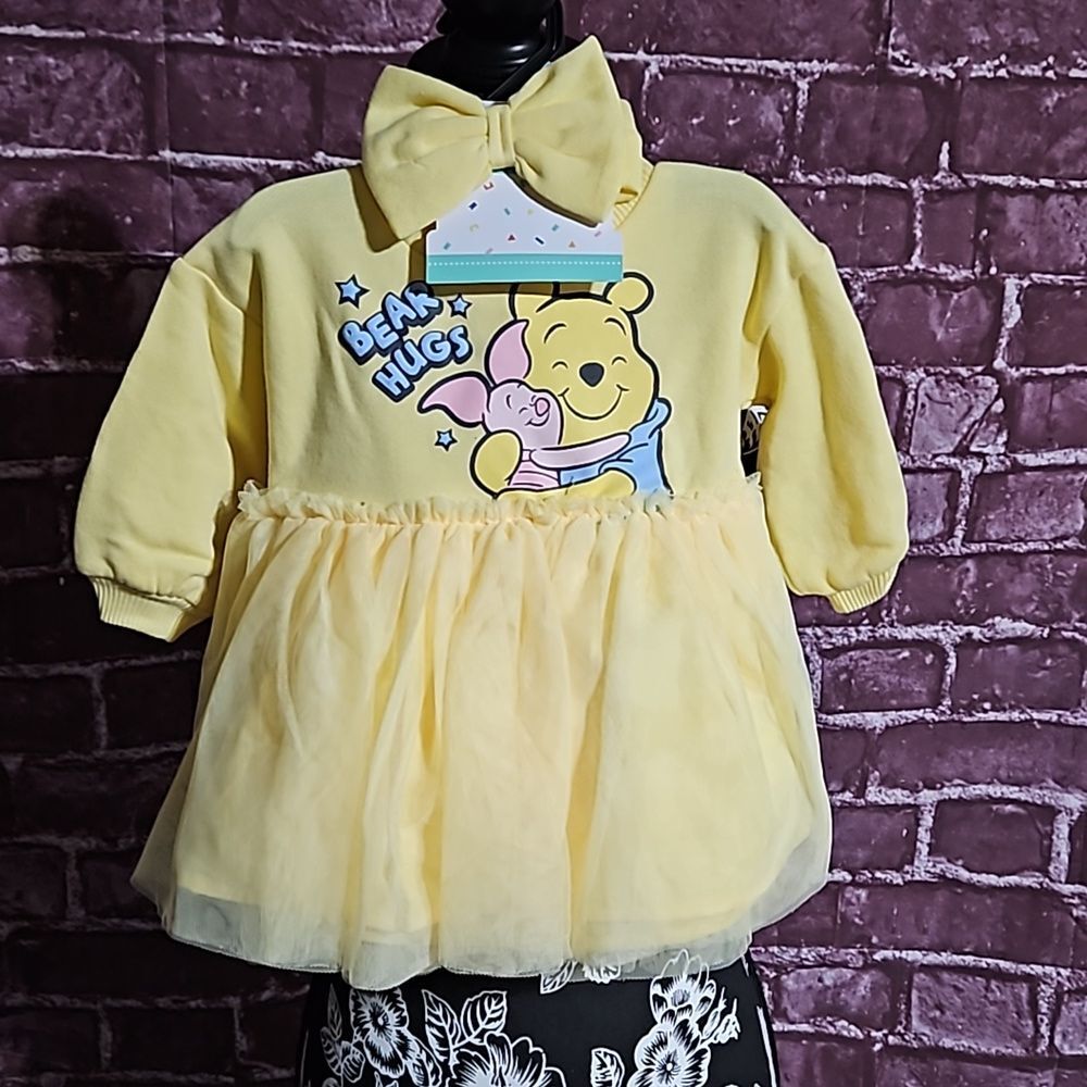 Disney 🎁 Winnie the Pooh 3 pc set Yellow Dress, Hair Bow & Diaper Cover NWT